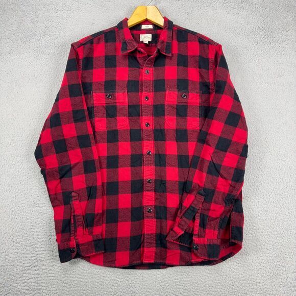 J Crew Flannel Shirt Mens XL Red Checkered Slim Fit Cotton Flap Pocket Button Up